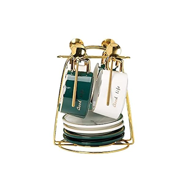 POCHY Europese stijl theekopset theeset kopjes met schotels set met bekerhouder en theelepel keramische Britse Afternoon Tea Cup Set (kleur: groen wit, maat: 6 stuks)